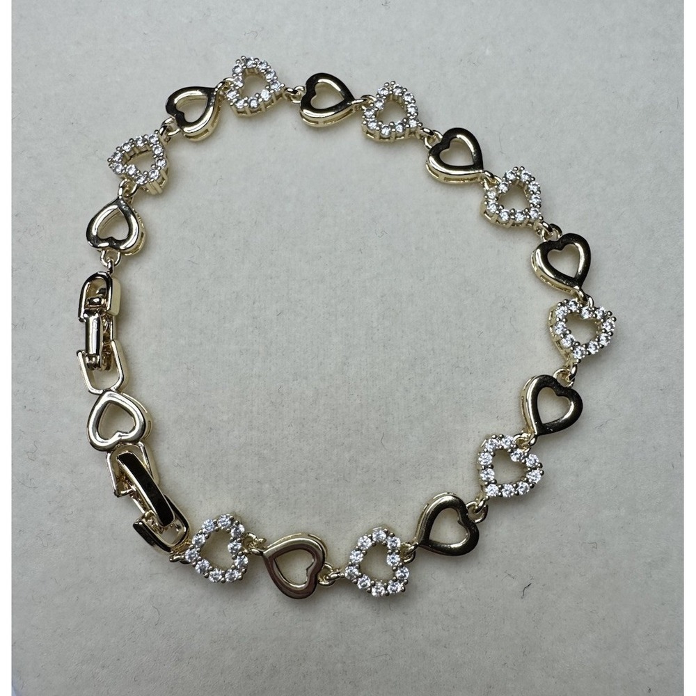 14k Yellow Gold Filled Tarnish-Resist 7.5" Heart Chain Bracelet Crystal New